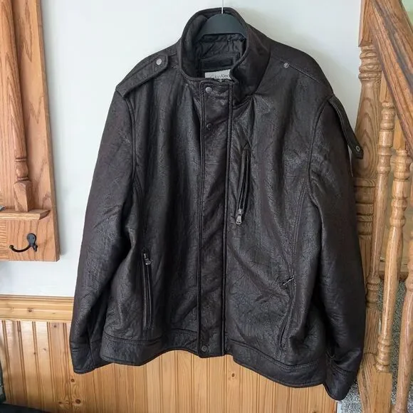 Calvin Klein Faux Leather Dark Brown Lined Biker Moto Jacket Coat Size XXL